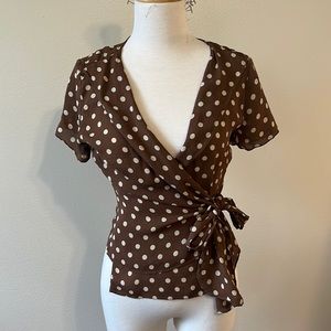 Brown polka dot wrap top